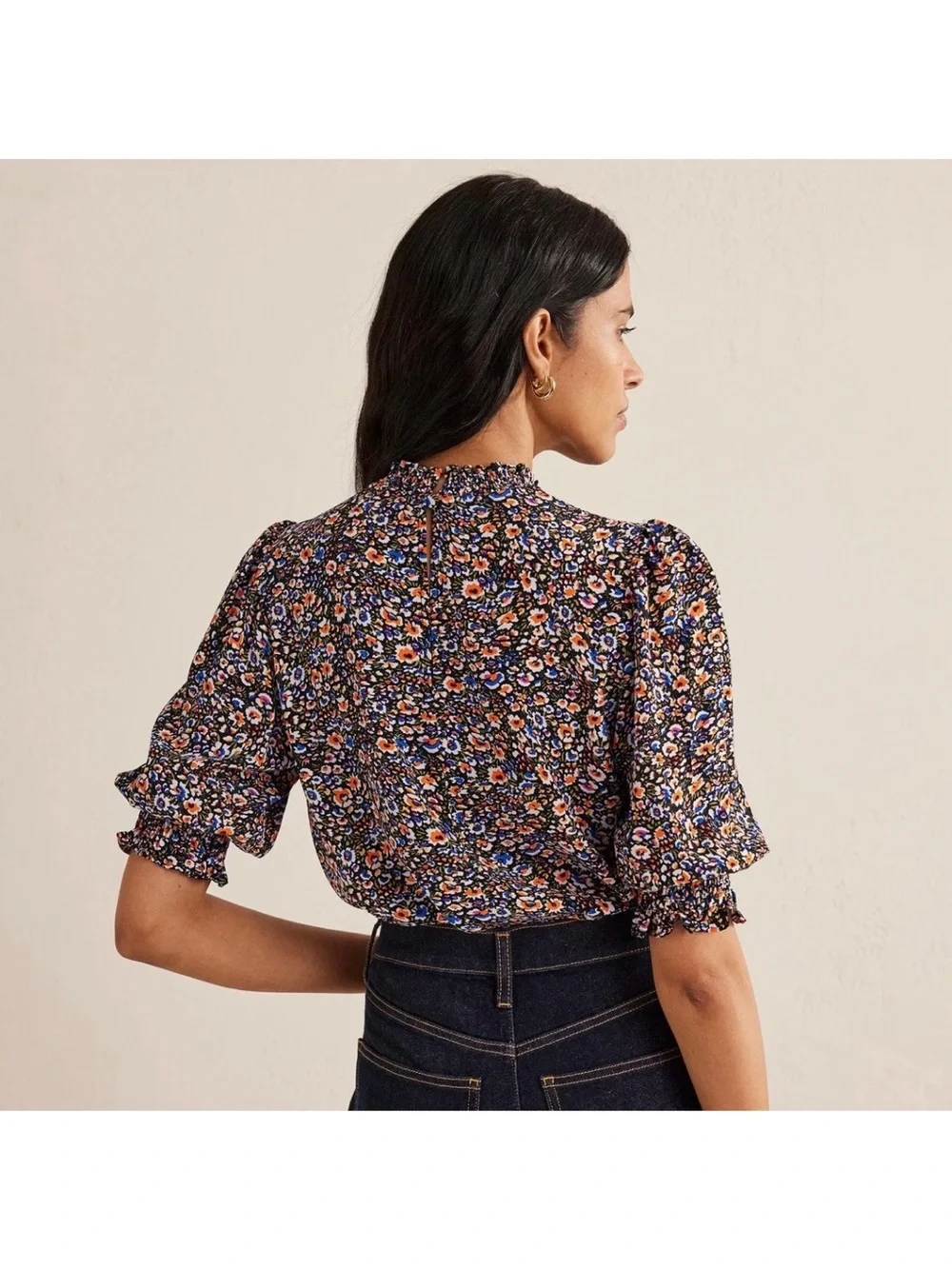 Boden Smocked Detail Printed Floral Top Blouse Eden Bloom US Size 14 Cottage